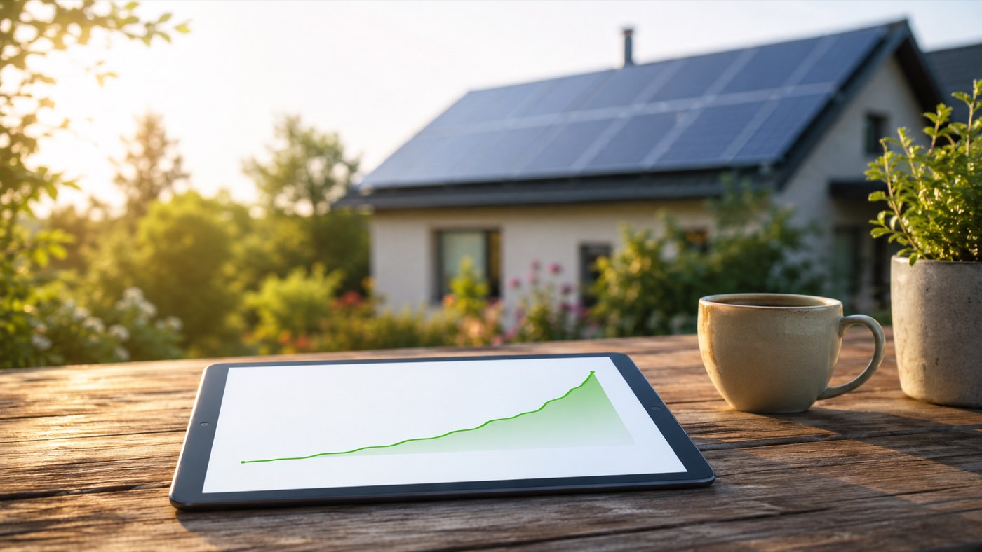 Lohnt sich die Photovoltaikreinigung: Tablet mit steigender Ertragskurve auf Gartentisch, Einfamilienhaus mit PV-Anlage im Hintergrund