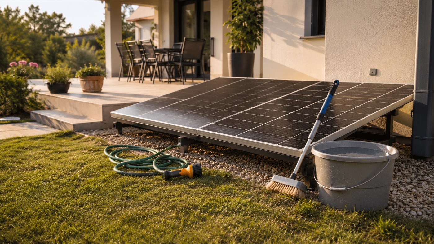 PV-Anlage selber reinigen: Gartenschlauch, weiche Bürste und Wassereimer neben einer bodennahen Solaranlage im Garten
