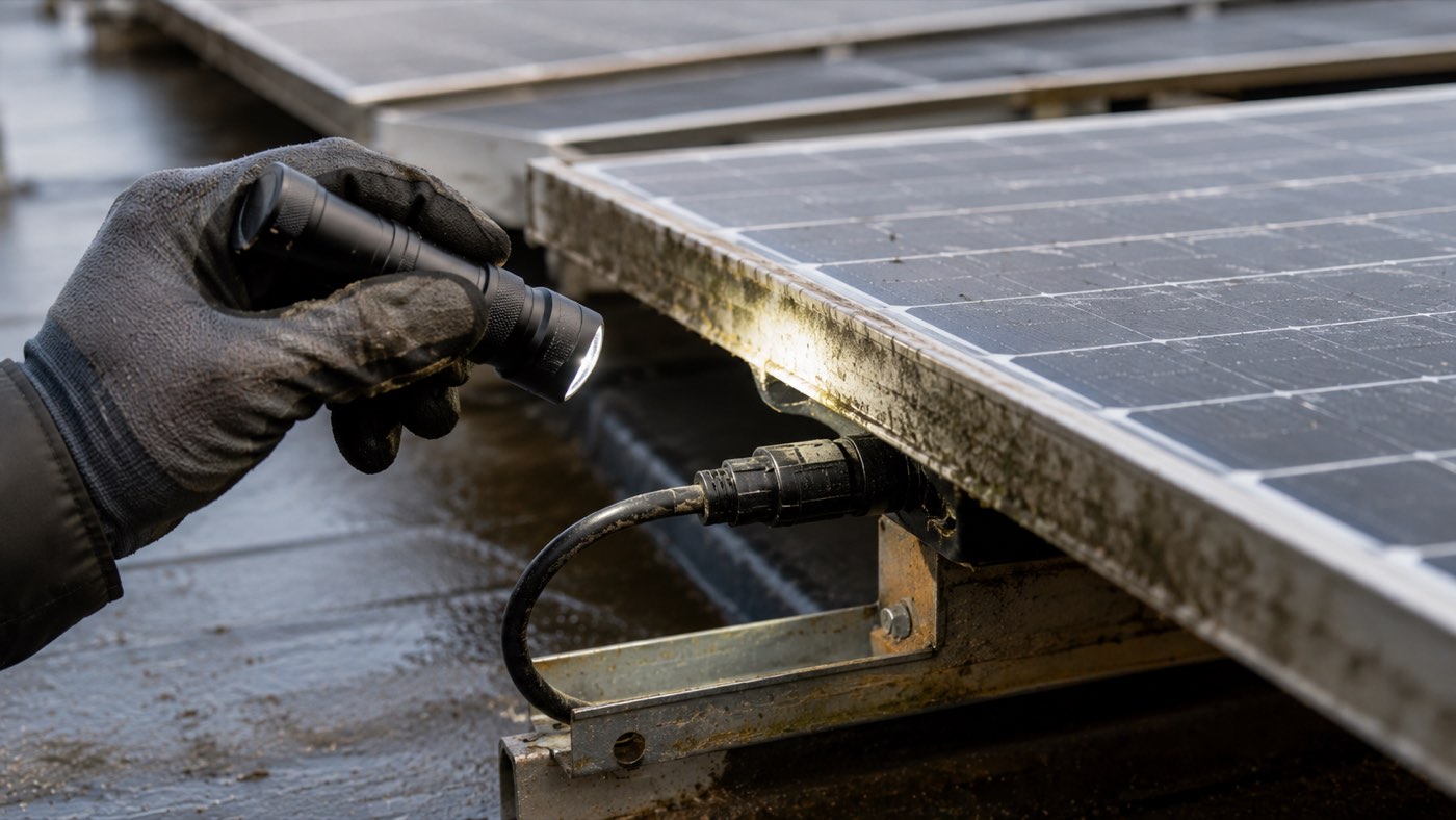 PV-Wartung: Hand im Arbeitshandschuh prüft mit Taschenlampe Rahmenkante und Steckverbinder eines verschmutzten Solarmoduls