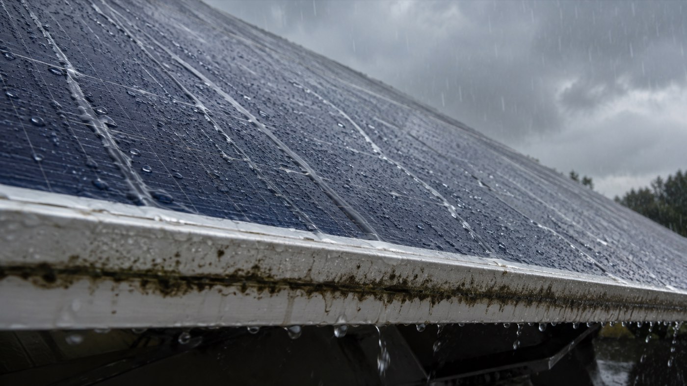Regen auf Solarmodul: Wassertropfen perlen über das Glas, an der unteren Rahmenkante bleibt trotz Regen ein deutlicher Schmutzrand