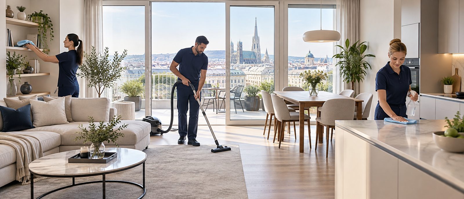 KI-generiertes Symbolbild: Reinigungsteam bereitet eine Apartmentwohnung in Wien für die nächsten Gäste vor
