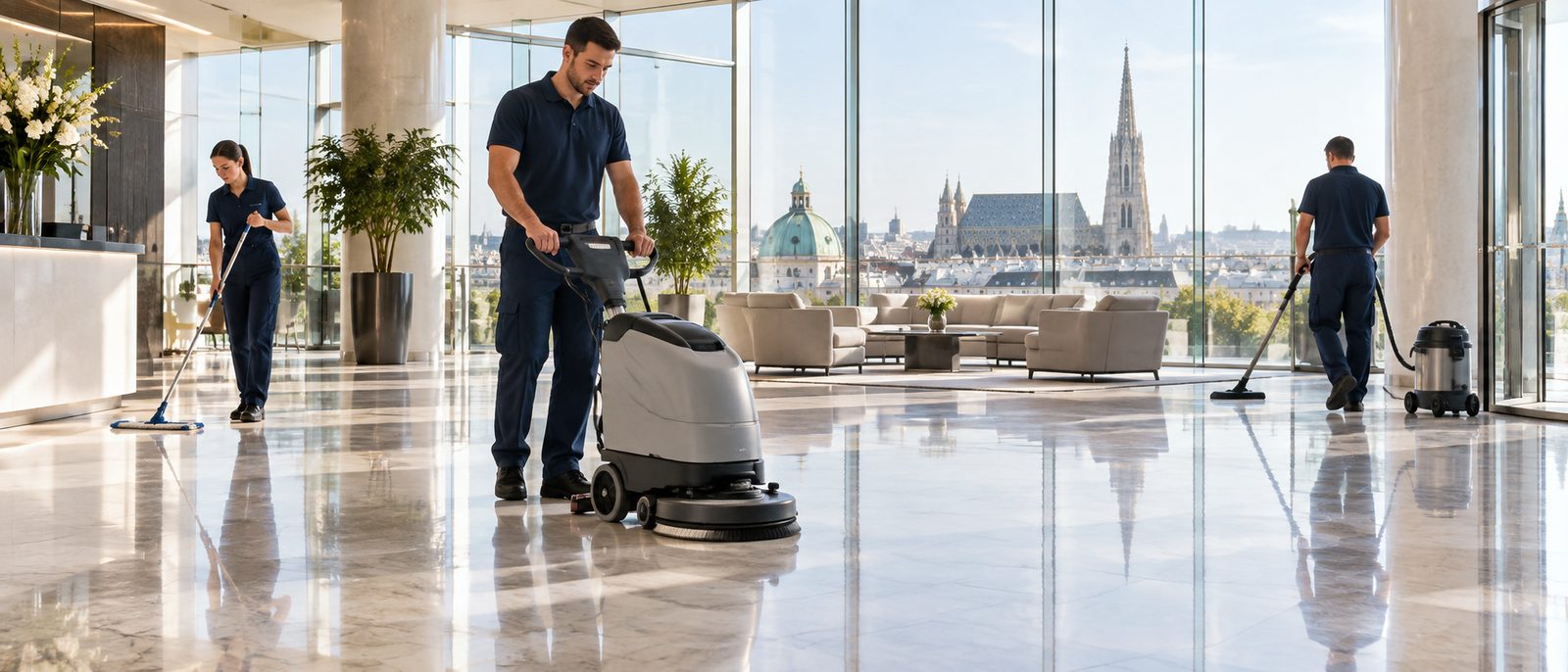 KI-generiertes Symbolbild: Bodenreinigung mit Scheuersaugmaschine in einer Bürolobby in Wien