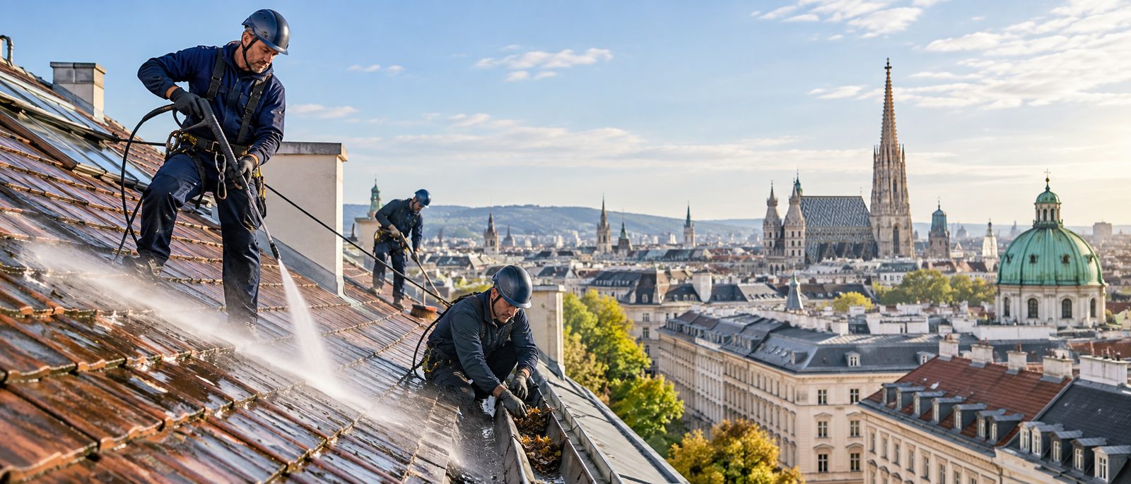 KI-generiertes Symbolbild: Dachreinigung mit Absturzsicherung an einem Wiener Dach