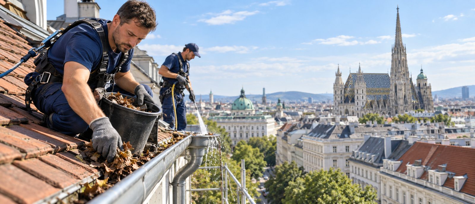 KI-generiertes Symbolbild: Dachrinnenreinigung mit Absturzsicherung an einem Wiener Altbau