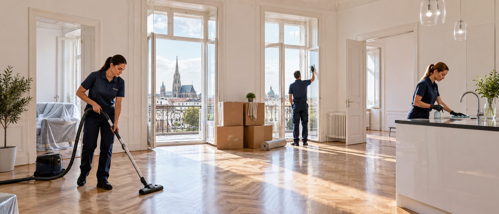 KI-generiertes Symbolbild: End- und Umzugsreinigung in einer leergeräumten Wiener Altbauwohnung