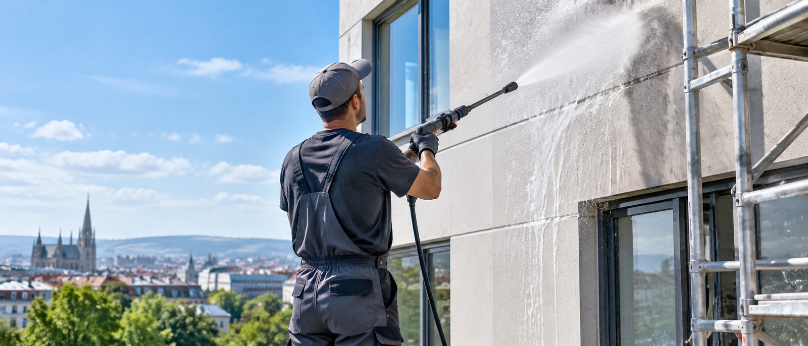 KI-generiertes Symbolbild: Fassadenreinigung mit Niederdruckverfahren an einem Gebäude in Wien