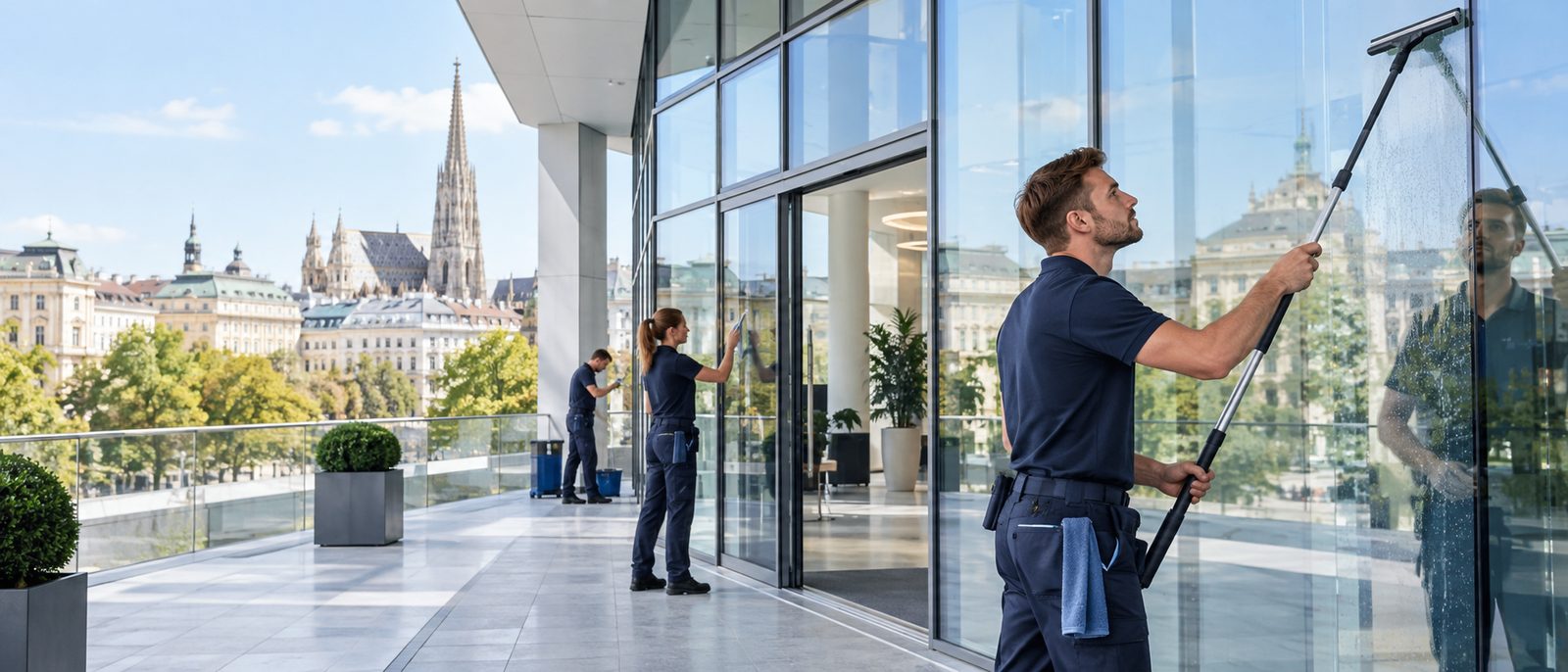 KI-generiertes Symbolbild: Glasreiniger mit Teleskopstange an einer Glasfassade in Wien
