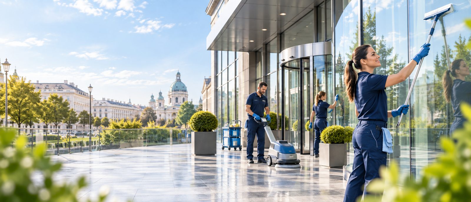 KI-generiertes Symbolbild: Reinigungskräfte vor einem Bürogebäude in Wien