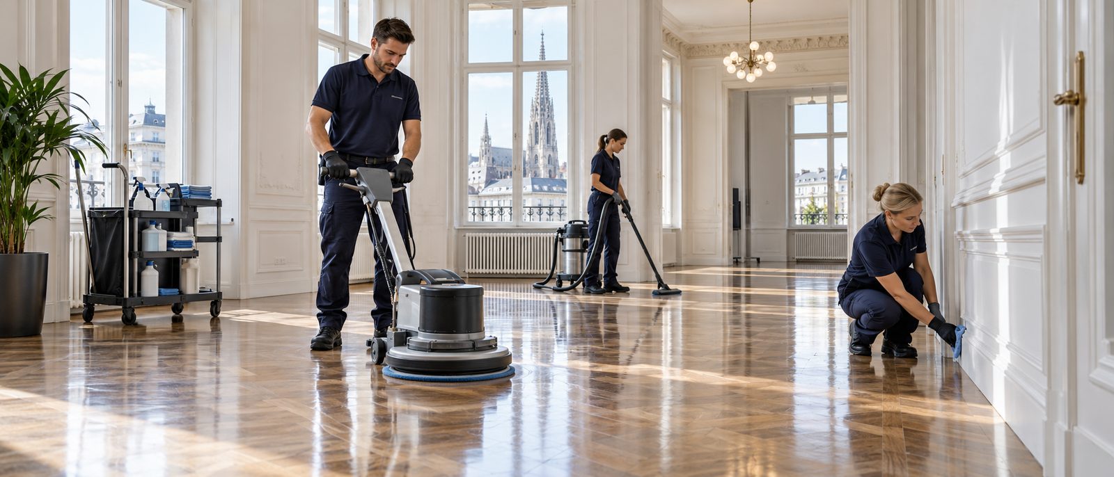 KI-generiertes Symbolbild: Grundreinigung eines Parkettbodens in einer Wiener Altbauwohnung