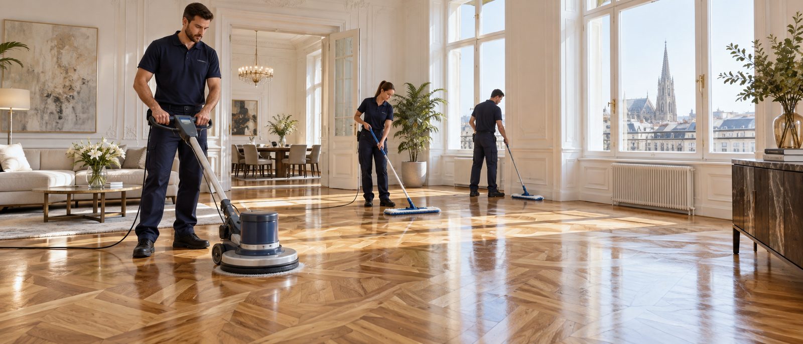 KI-generiertes Symbolbild: Parkettreinigung mit Einscheibenmaschine in einer Wiener Altbauwohnung