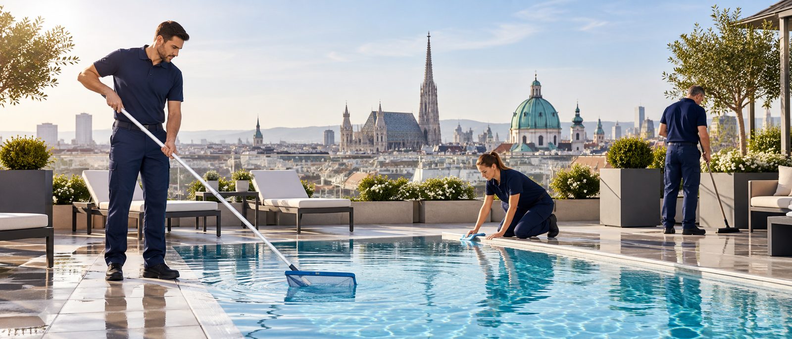 KI-generiertes Symbolbild: Poolreinigung auf einer Dachterrasse in Wien