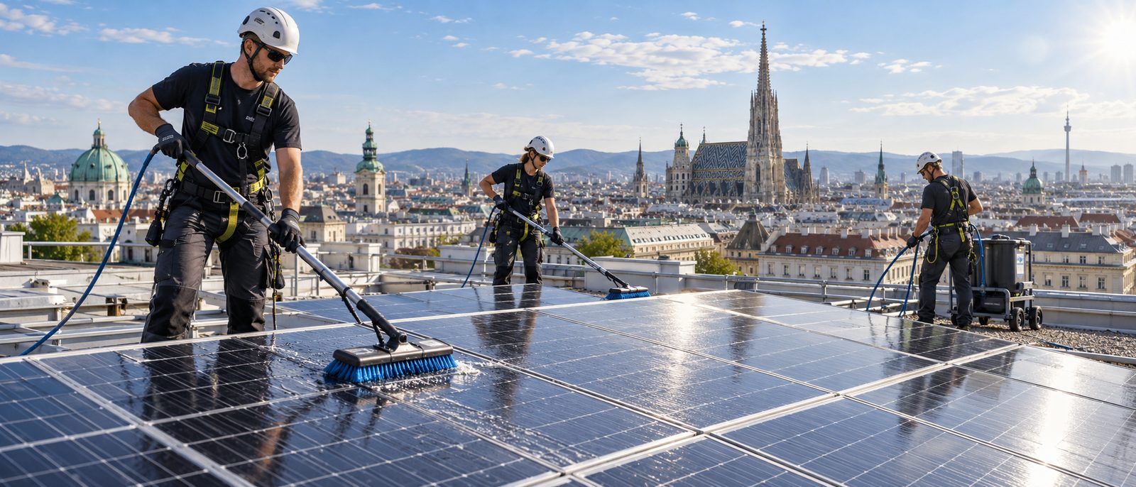 KI-generiertes Symbolbild: Photovoltaikreinigung mit entmineralisiertem Wasser auf einem Flachdach in Wien