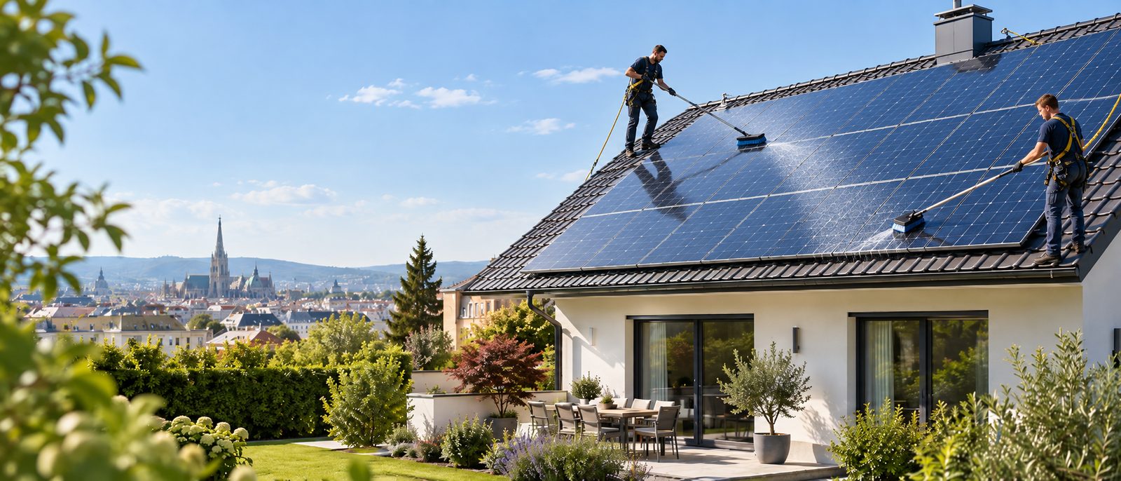 KI-generiertes Symbolbild: Photovoltaikreinigung auf dem Schrägdach eines Einfamilienhauses bei Wien