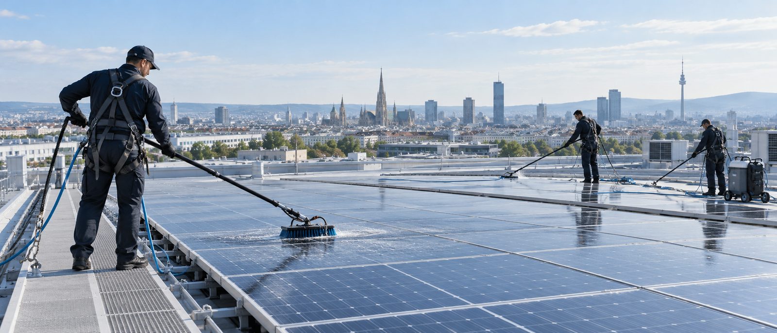KI-generiertes Symbolbild: PV-Reinigung einer Aufdachanlage auf einem Gewerbeobjekt in Wien