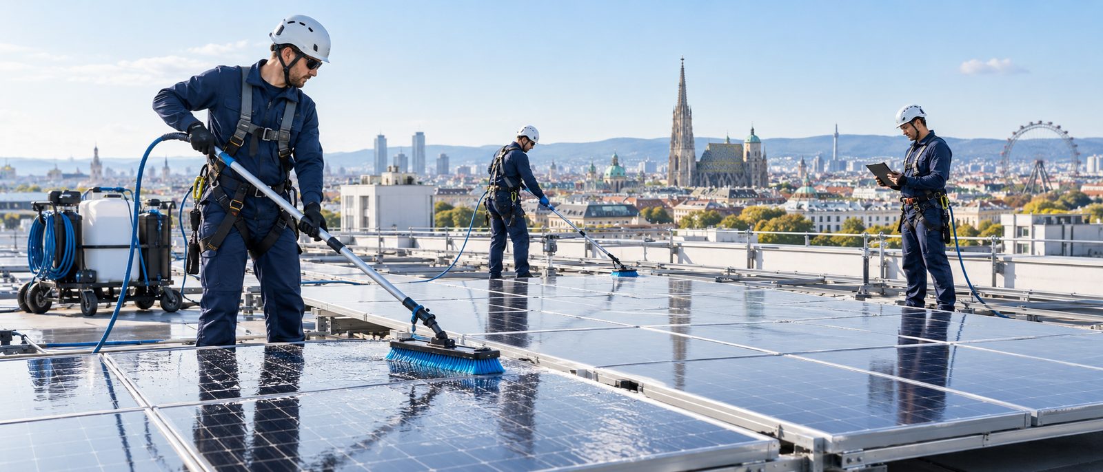 KI-generiertes Symbolbild: PV-Reinigung im festen Turnus mit Dokumentation auf einem Flachdach in Wien