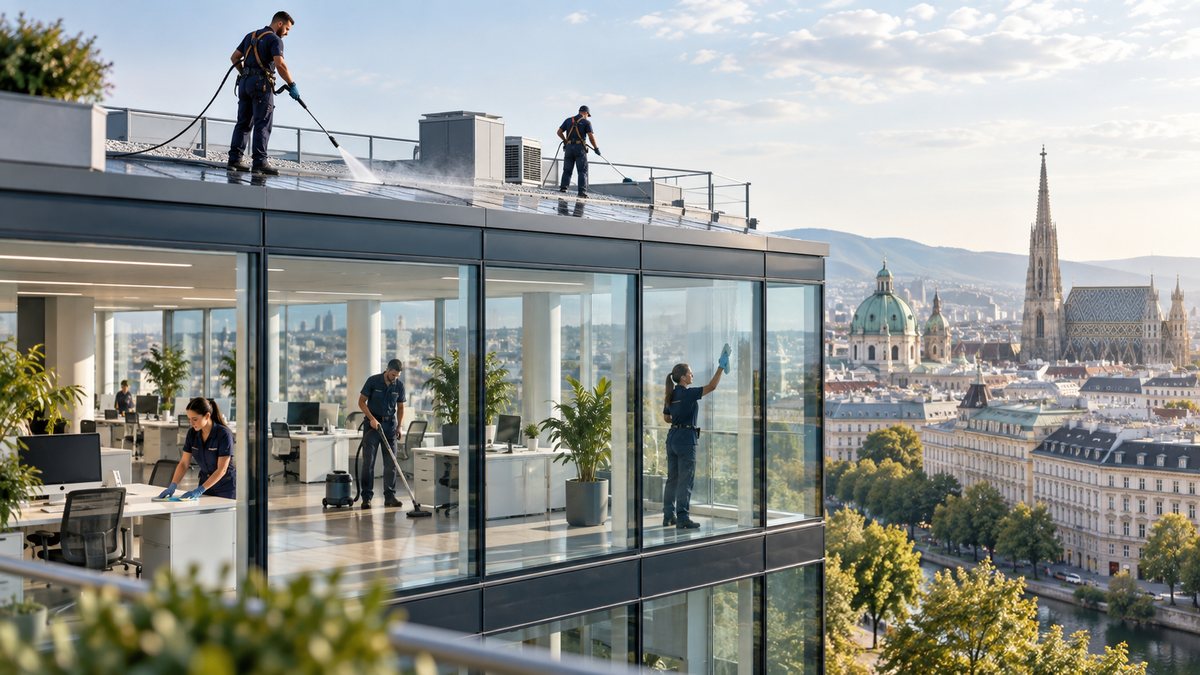 KI-generiertes Symbolbild: Reinigungsteam an Büro, Glasfassade und Dach eines Gebäudes in Wien