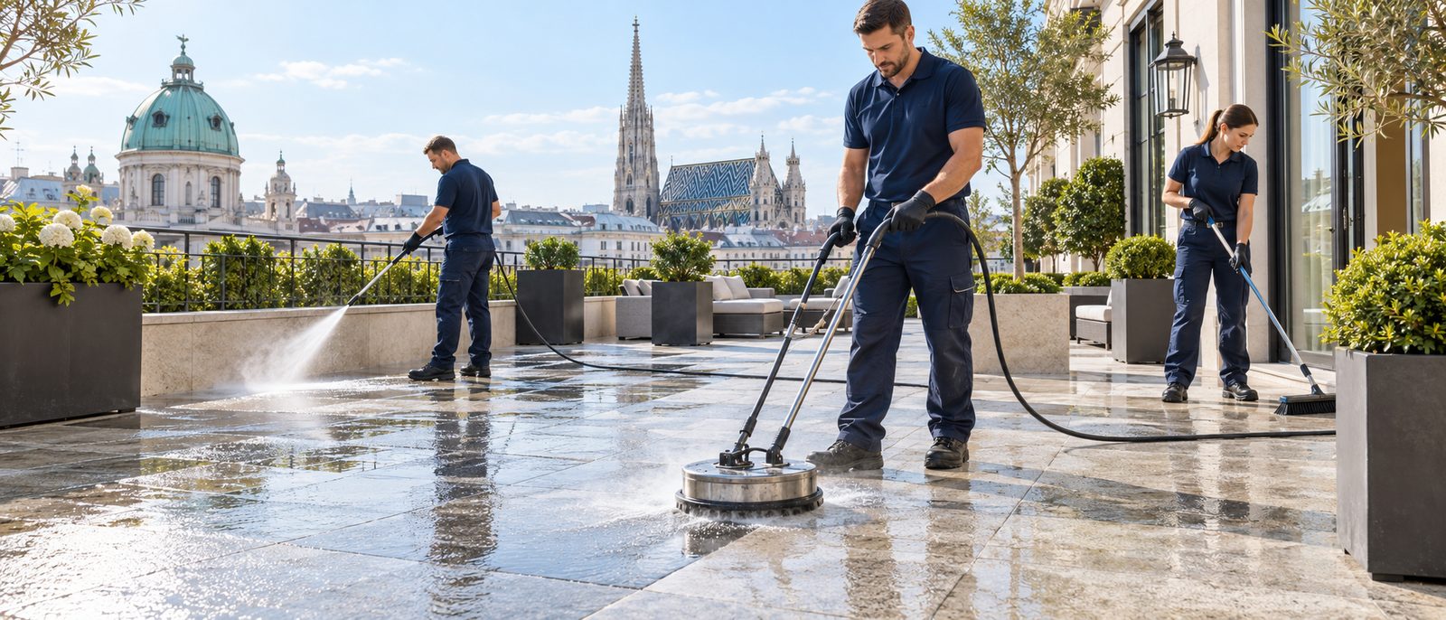 KI-generiertes Symbolbild: Terrassen- und Steinreinigung mit Flächenreiniger auf einer Dachterrasse in Wien