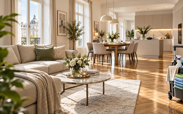 KI-generiertes Symbolbild: Wohnzimmer mit Sofa und Esstisch, rechts ein Reinigungswagen mit Tüchern