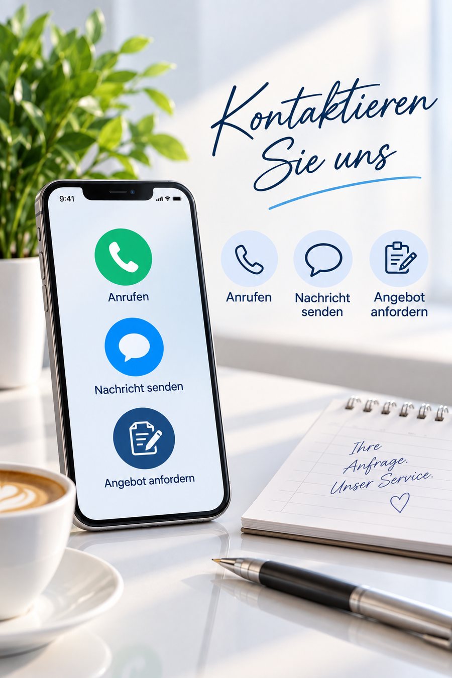 KI-generiertes Symbolbild: Smartphone mit den Kontaktwegen Anrufen, Nachricht senden und Angebot anfordern