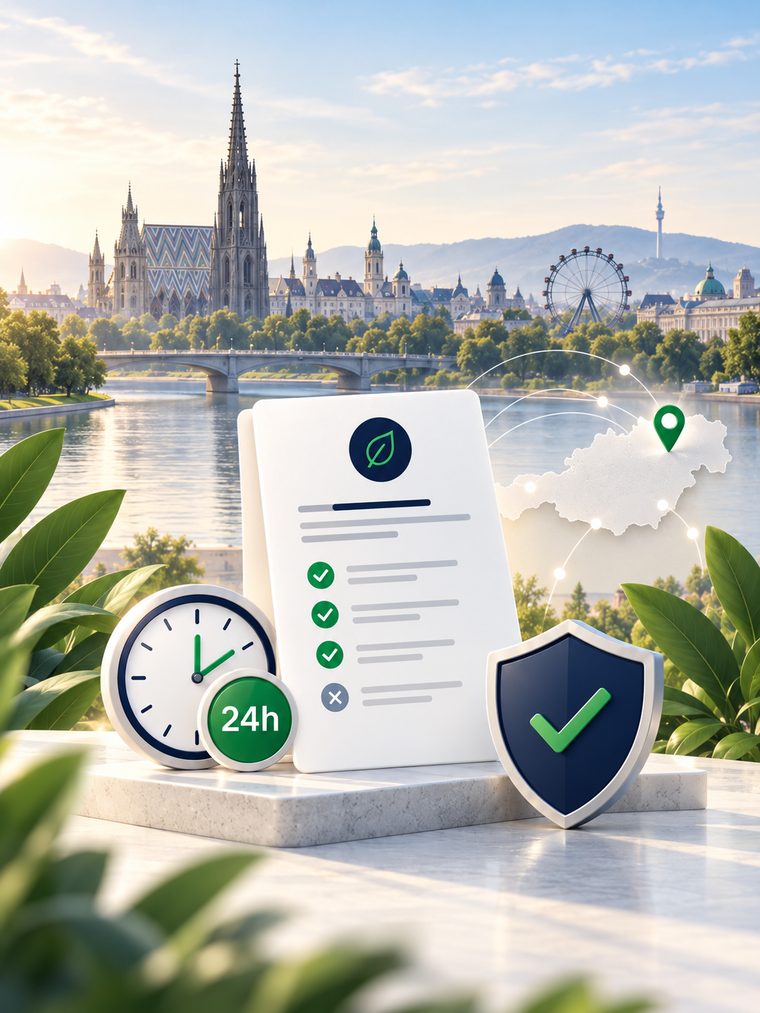 KI-generiertes Symbolbild: Checkliste, Uhr mit 24h-Zeichen, Schutzschild und Österreich-Karte vor der Wiener Skyline
