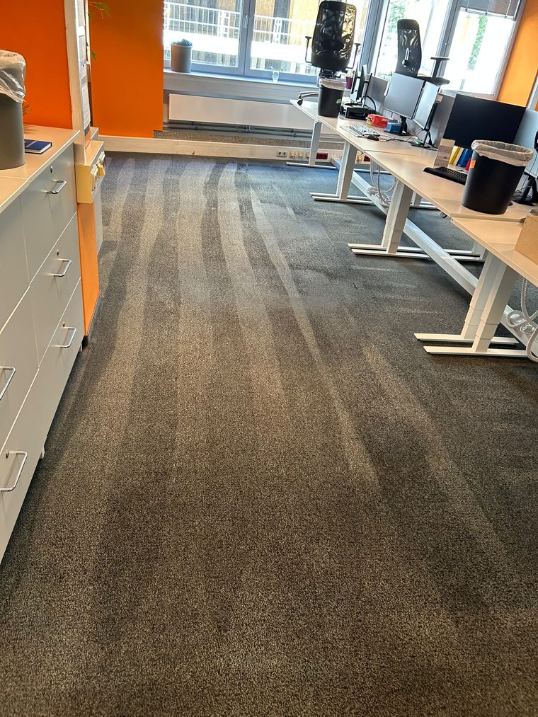 Büroteppichboden mit sichtbaren Reinigungsbahnen, im Hintergrund Arbeitsplätze